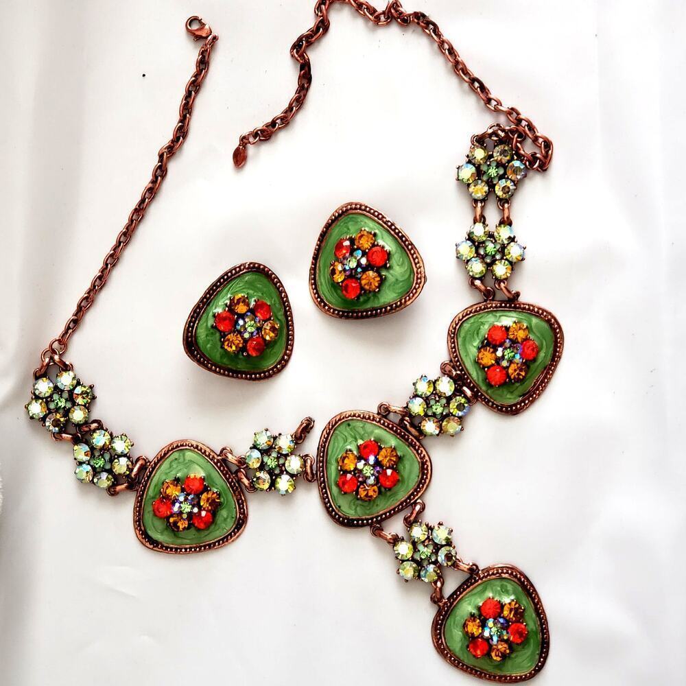 Vintage Copper Necklace & Earrings with Green Enamel and Colorful Rhinestones - Picture 6 of 8